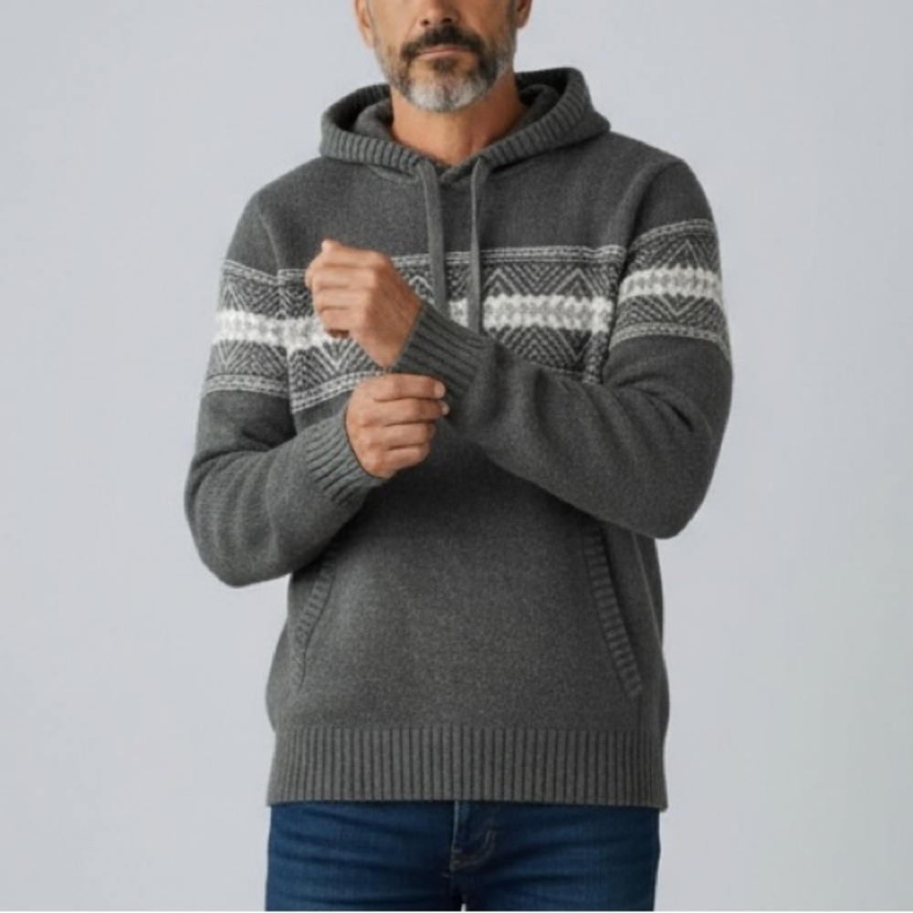 American Eagle Men’s Gray Knit Hoodie Sweater Pullover Fair Isle Winter Cozy